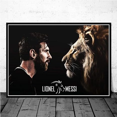 Amazon Co Jp ライオネル メッシサッカースーパースター ライオンポスタープリントアート絵画キャンバス壁の装飾ライオンと男性スポーツ画像用リビングルーム 60x80cm フレームなし ホーム キッチン