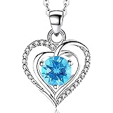 RIVIKO Heart Birthstone Pendant Necklace for Women 925 Sterling Silver Zirconia Necklaces Valentine's Day Anniversary Birthday Mothers Day Jewelry Gifts For Her Mother Wife