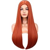 BERON Dark Orange Womens Wigs Long Straight Hair Wig Ginger Middle Part Heat Resistant Synthetic Redhead Color Wigs for Cosplay Costume Party or Daily Use Wig