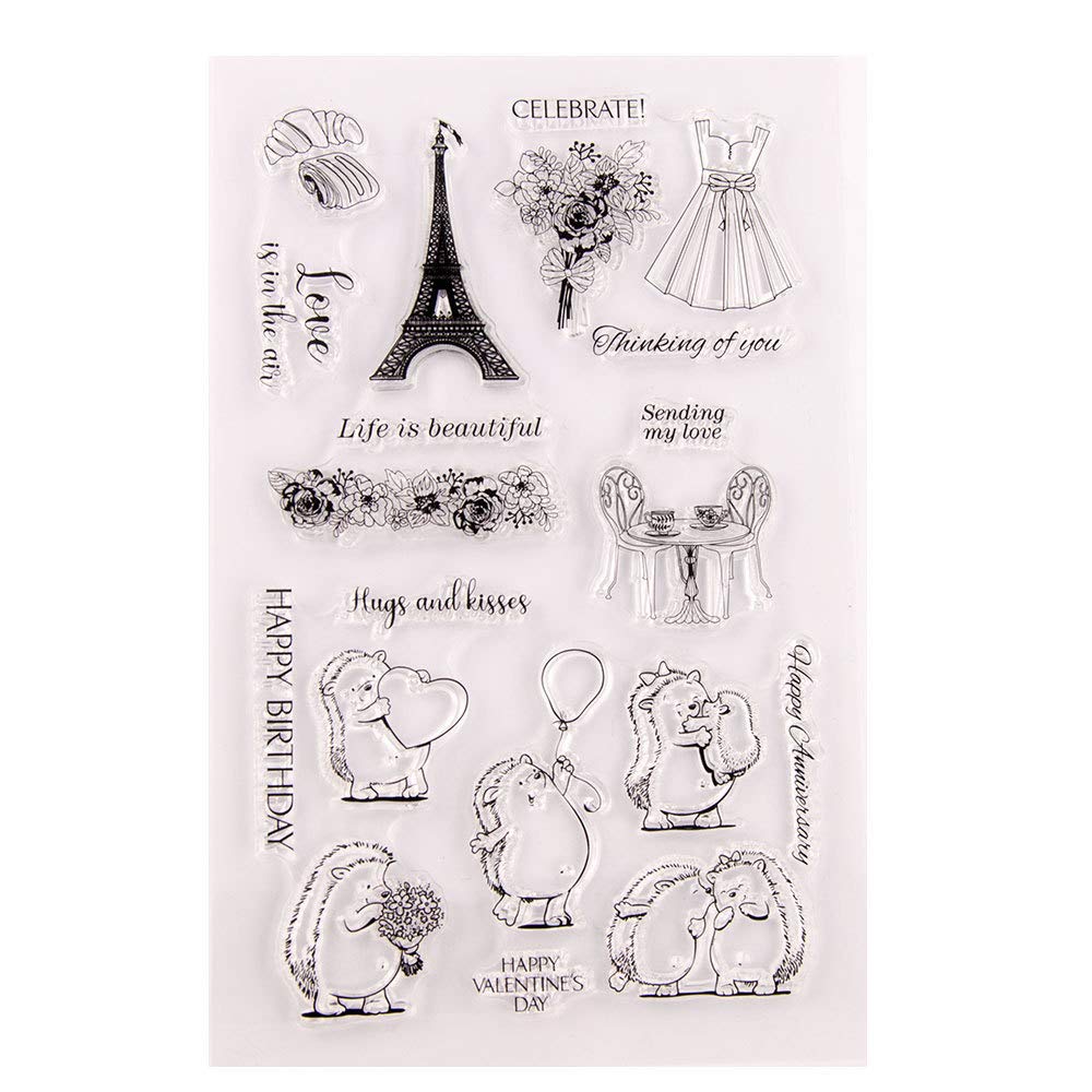 Happy Birthday Anniversary Hedgehog Sending Love Hugs and Kisses Valentine's Day Clear Stamps for Card Making Decoration and DIY Scrapbooking Rubber Stamps for Crafts