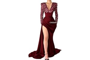 CWOAPO V Neck Sequin Mermaid Prom Dresses for Women Silk Satin Long Sleeve Evening Gown with Slit Formal Wedding Party Dresses