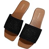 OYOANGLE Women's Single Band Square Open Toe Slide Sandals Summer Slip on Flat Sandals