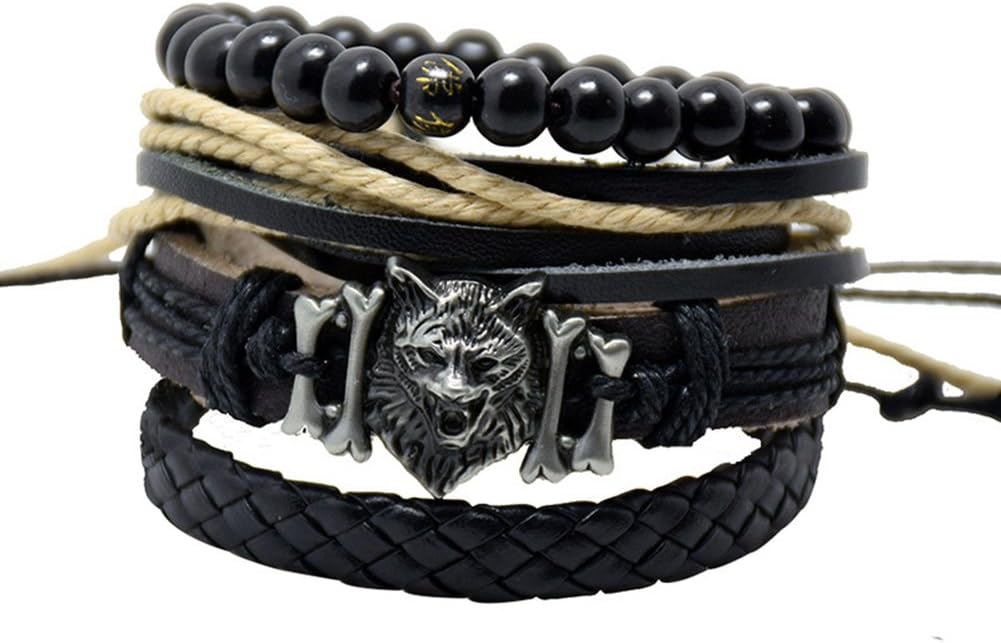 SENDIOFashion Wolf Rope Leather Bracelet Punk Style Multilayer Bangle Cool Letter Beads