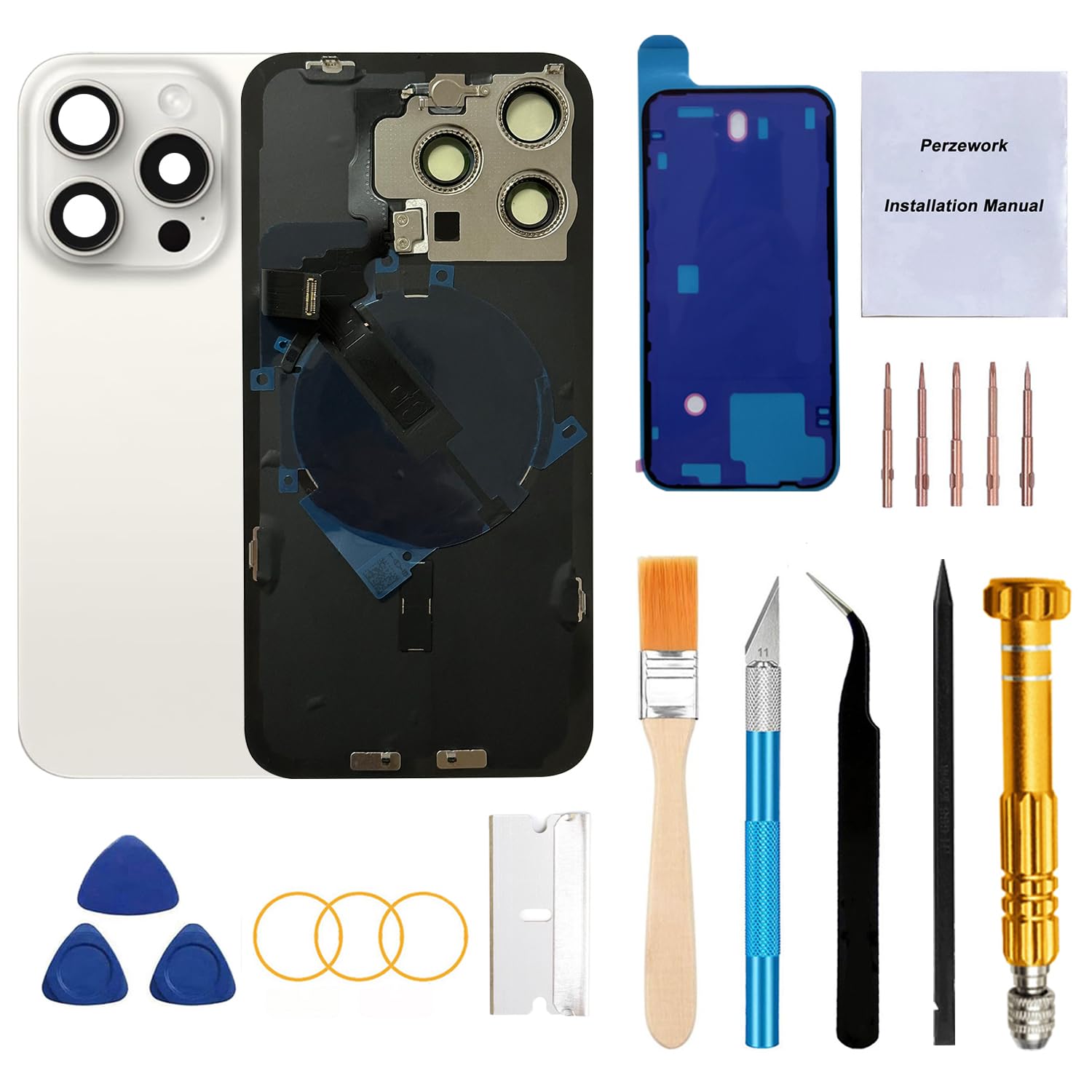Photo 1 of Perzework Rear Back Glass Replacement for iPhone 15 Pro 6.1-inches with Reparing Tool Kit and All Necessary Parts (White Titanium)