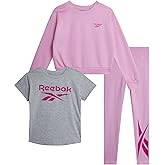 Reebok Active Girls Leggings Set - 3 Piece Athletic Crew Neck Short Sleeve TShirts Sweatshirt and Legging Pants for Girls