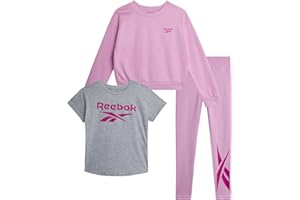 Reebok Active Girls Leggings Set - 3 Piece Athletic Crew Neck Short Sleeve TShirts Sweatshirt and Legging Pants for Girls