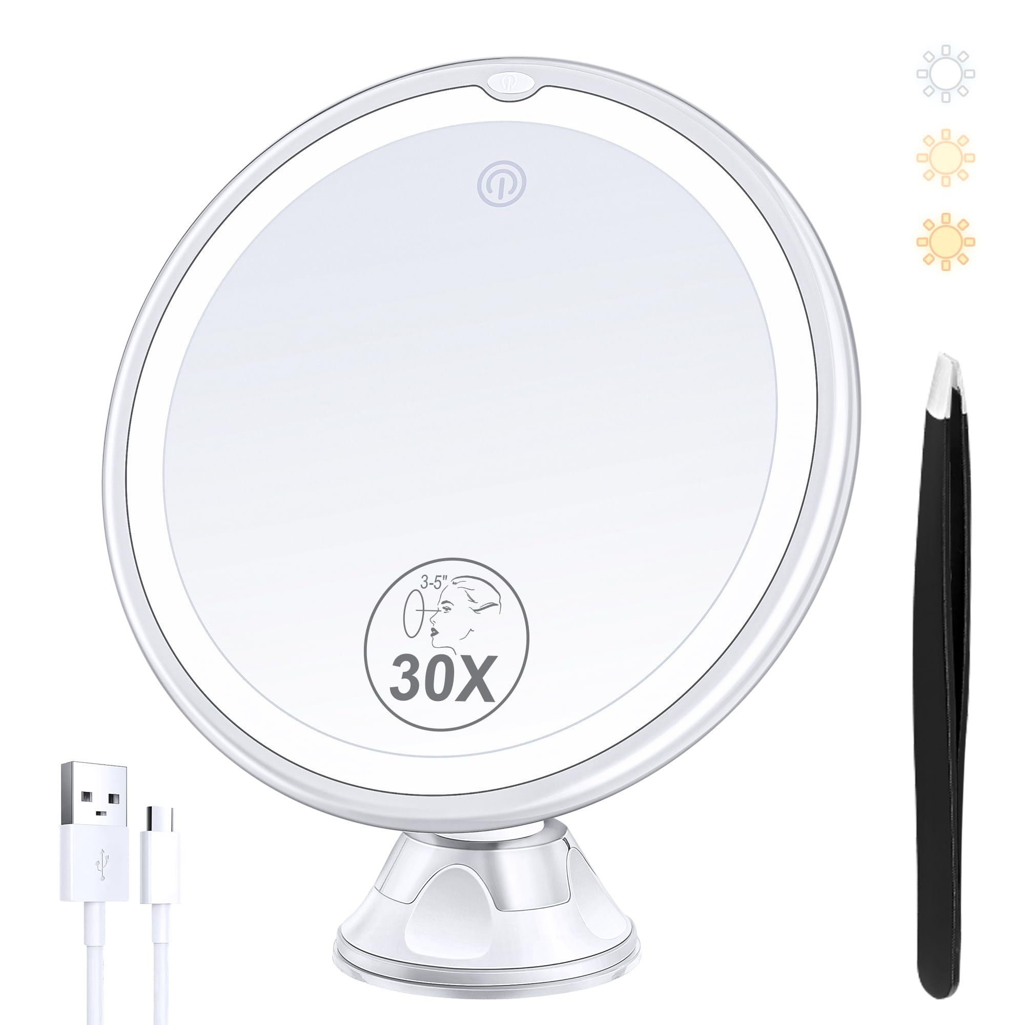 MIYADIVA Rechargeable 30X Magnifying Mirror with Light, Bathroom Mirror with Suction Cup, 3 Colors Lights, Adjustable Brightness, 360 Rotating, 1500mAh