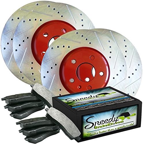 Speedy Brake Kit Drilled and Slotted Disc Brake Kit - Front and Rear Rotors with Pads SB3967X4KRED - Red