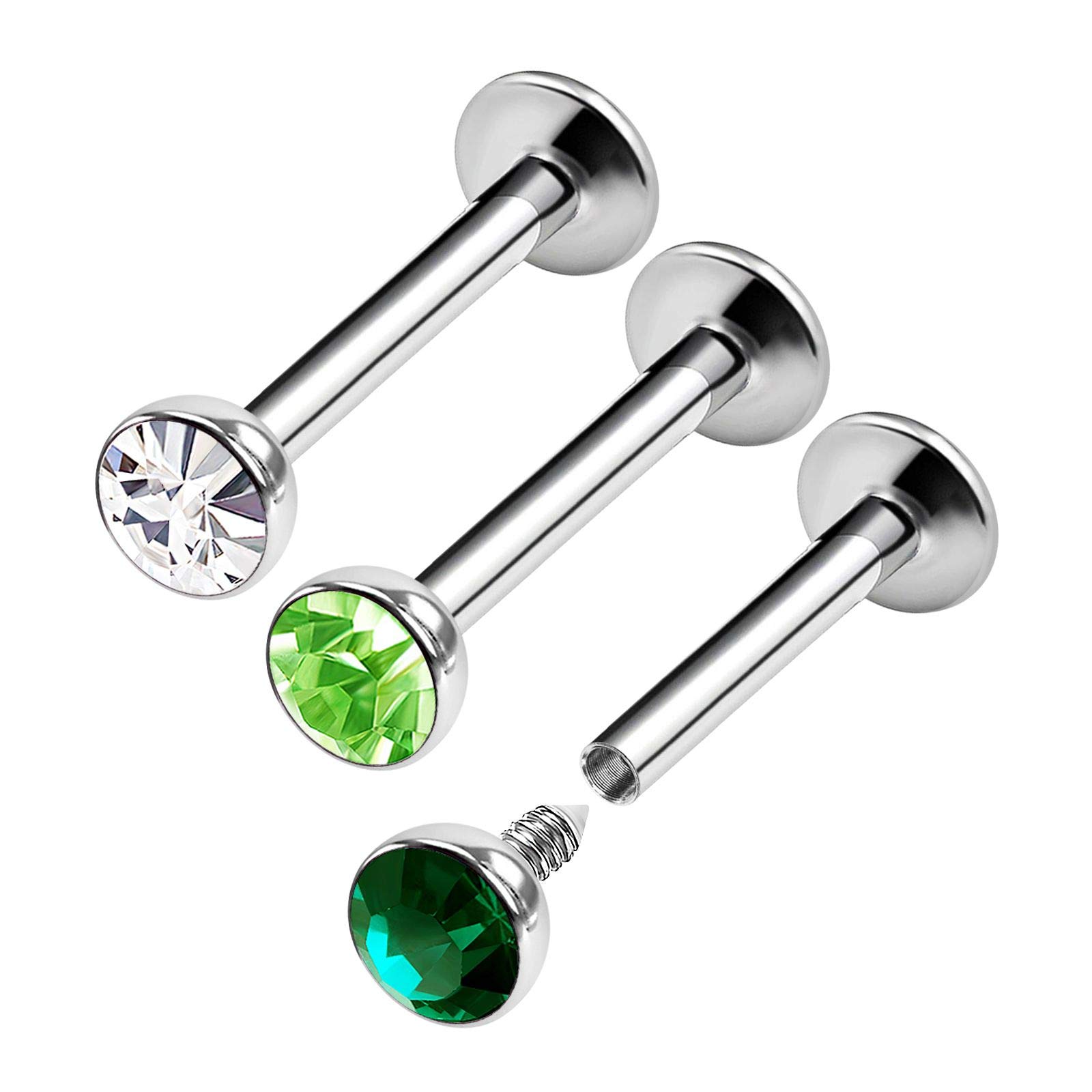 KJM FASHION 3PCS Surgical Steel Internally Threaded Labret Rings 16 Gauge 5/16 8mm 3mm Crystal Lip Earring Medusa Piercing Jewellery 3827