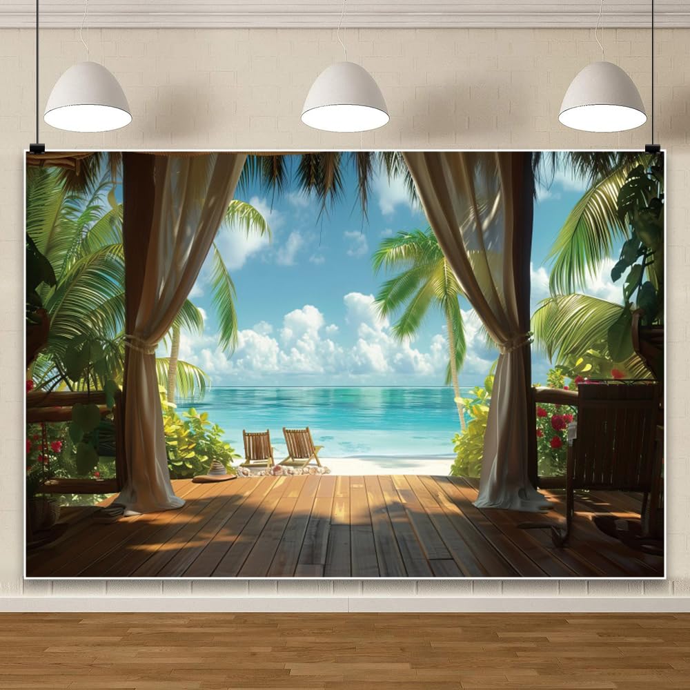 Photo 1 of 12x8ft Hawaii Seaside Beach Backdrop Tropical Palm Trees Sunshine Luau Scenery Summer Photography Background Baby Shower Birthday Party Decorations Family Holiday Portrait Photoshoot Photo Booth