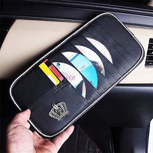 ESKONKE Car CD Holders Sun Visor Disc Organizer Bling Crown + Shiny Diamond Edging Auto Sun Visor Cards DVD Storage with 10 Slots + 2 Card Pockets (Sun Visor CD Organizer)