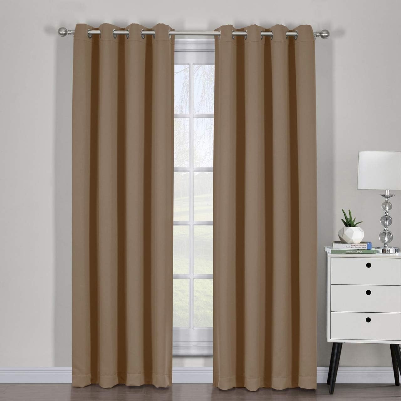Royal Bedding Ava Cappuccino Curtains, Top Grommet Blackout, Triple Weave Blackout Window Curtain Panels, Pair/Set of 2 Panels with Tie Backs, 54Wx84L inches Each