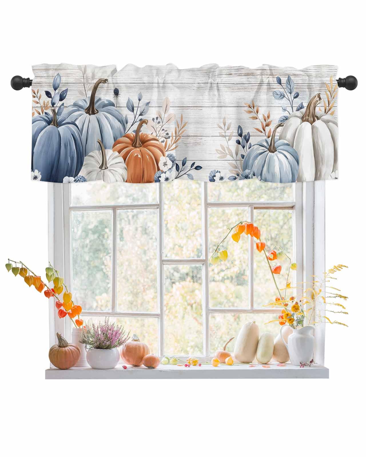 Photo 1 of *****2 piece*****Fall Curtain Valance for Windows Blue Pumpkin Rod Pocket Valance Window Treatments Leaves Floral Wood Grain Thanksgiving Holiday Short Curtains for Kitchen Windows Living Room Bedroom Decor 54x18in