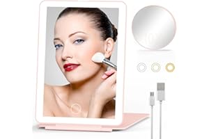 FFSFZTRCO Travel Makeup Mirror with Lights, 10x Magnifying Round Mirror, Rechargeable Lighted Vanity Compact Mirror with 80 Leds, 3 Color Portable Light Up Folding Cosmetic Mirror Travel Essentials for Women