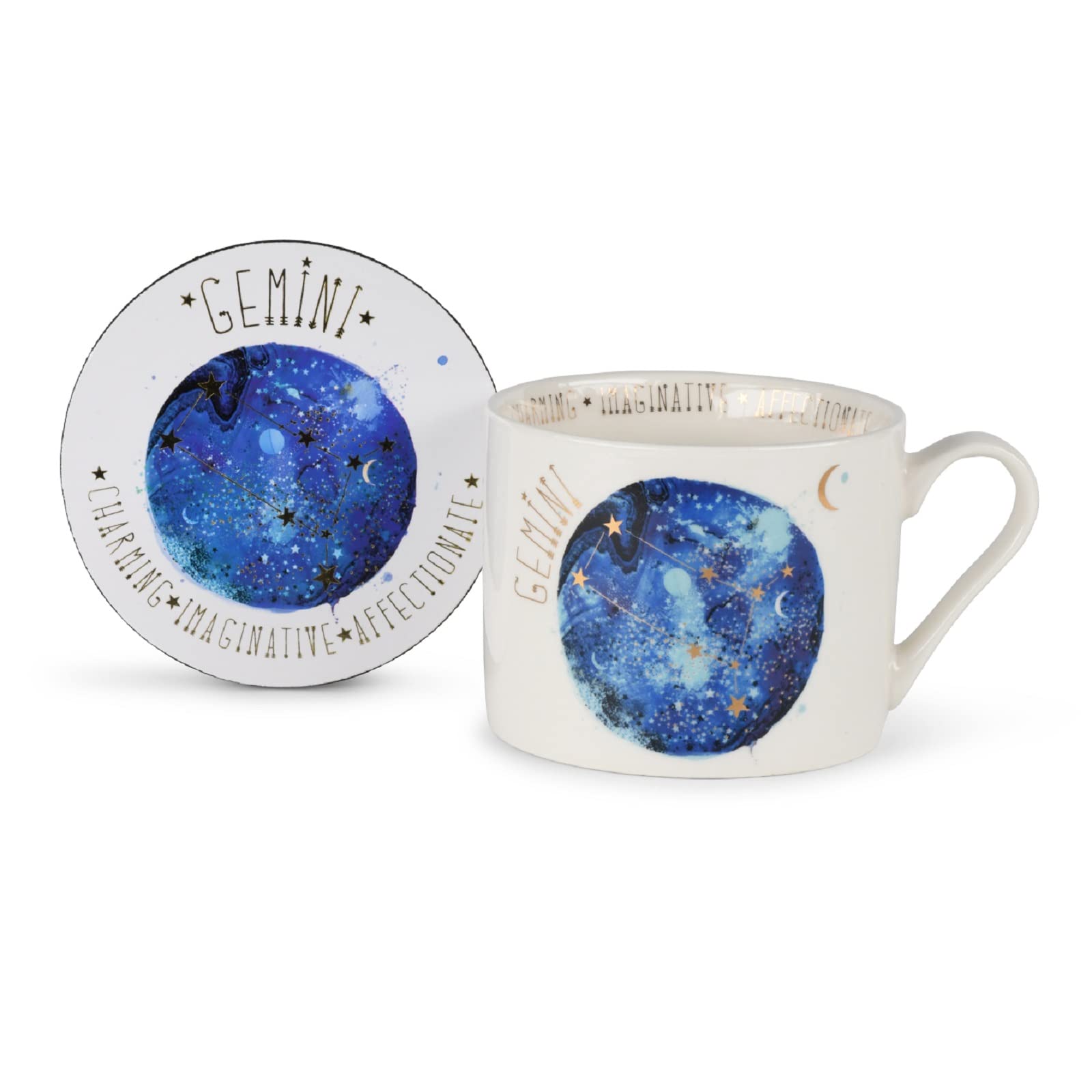 Summer Thornton Mug Set with Coaster in Presentation Gift Box (Gemini Design), 11oz Ceramic Coffee Mug. Star Sign Personalised Mug. Zodiac Gifts and Coffee Mugs for Women - Official Merchandise
