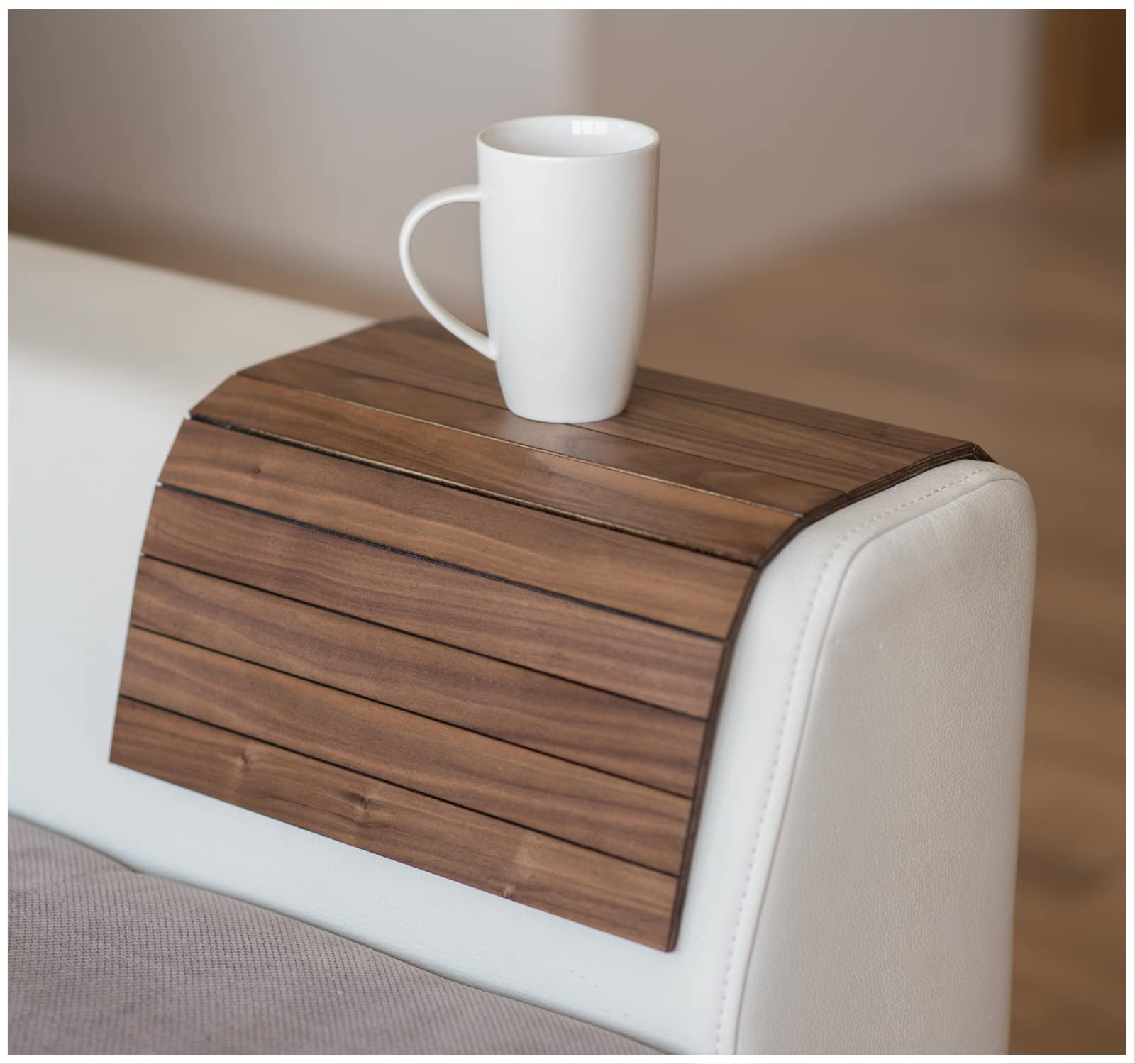 EWART WOODS Sofa arm Tray Table Couch Bedside Wood Coaster Coffee Cup Foldable Protector mat tv Chair armrest Caddy end Tables Trays (Walnut Wood)