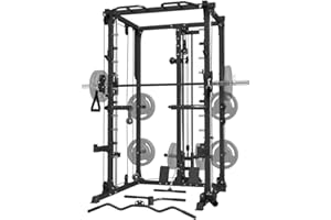 FAGUS H Smith Machine,Power Cage Squat Rack with LAT Pull Down System,Dipping Bar,Multi-Function Linear Bearing Cable Crossover Machine for Home Gym