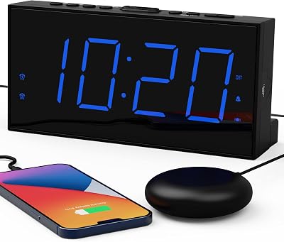 ROCAM Loud Alarm Clock with Bed Shaker Dual Alarm 7.5" Display Blue