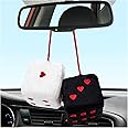 Yourkar 2 PCS Fuzzy Plush Dice for Car Rearview Mirror, 3'' Retro Square Heart-Shape Dice Mirror Hanging Ornament, Universal Interior Hanging Dice Decor Accessories for Men Women (Black & White)