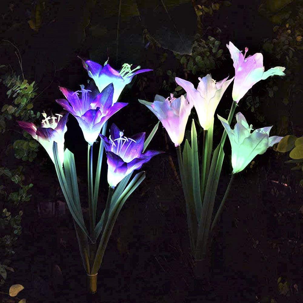 ixaer Solar Garden Lights Outdoor 2 Pack Solar Powered Lights 8 Lily Flower Multi-Color Changing LED Solar Landscape Lighting Light (White and Purple)