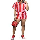Weafmlia Women's Summer Tracksuits 2 PCS Striped Color Block Lapel Neck Button Long Sleeve Top Elastic Waisted Shorts Set