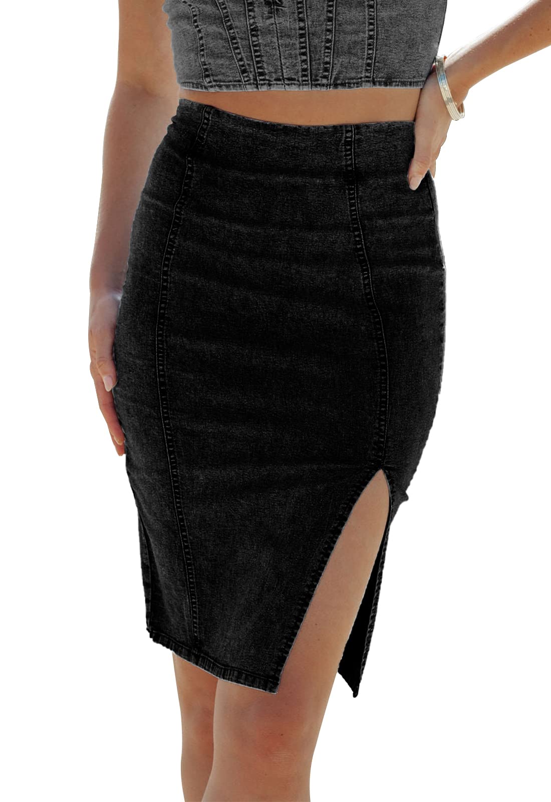 Photo 1 of HERBATOMIA Women’s High Waisted Black Denim Skirt Slim Fit Knee Length Stretch Side Split Hem Pencil Jean Skirts for Women
