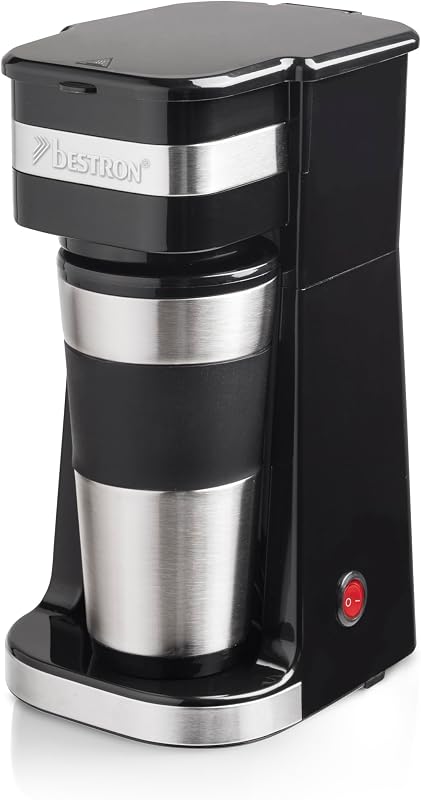 Máquina de café bestron, cafeteira com copo isolado, para café com filtro moído, 2 xícaras grandes, 750 watts, aço inoxidável, 0,42 litros, cor: preto