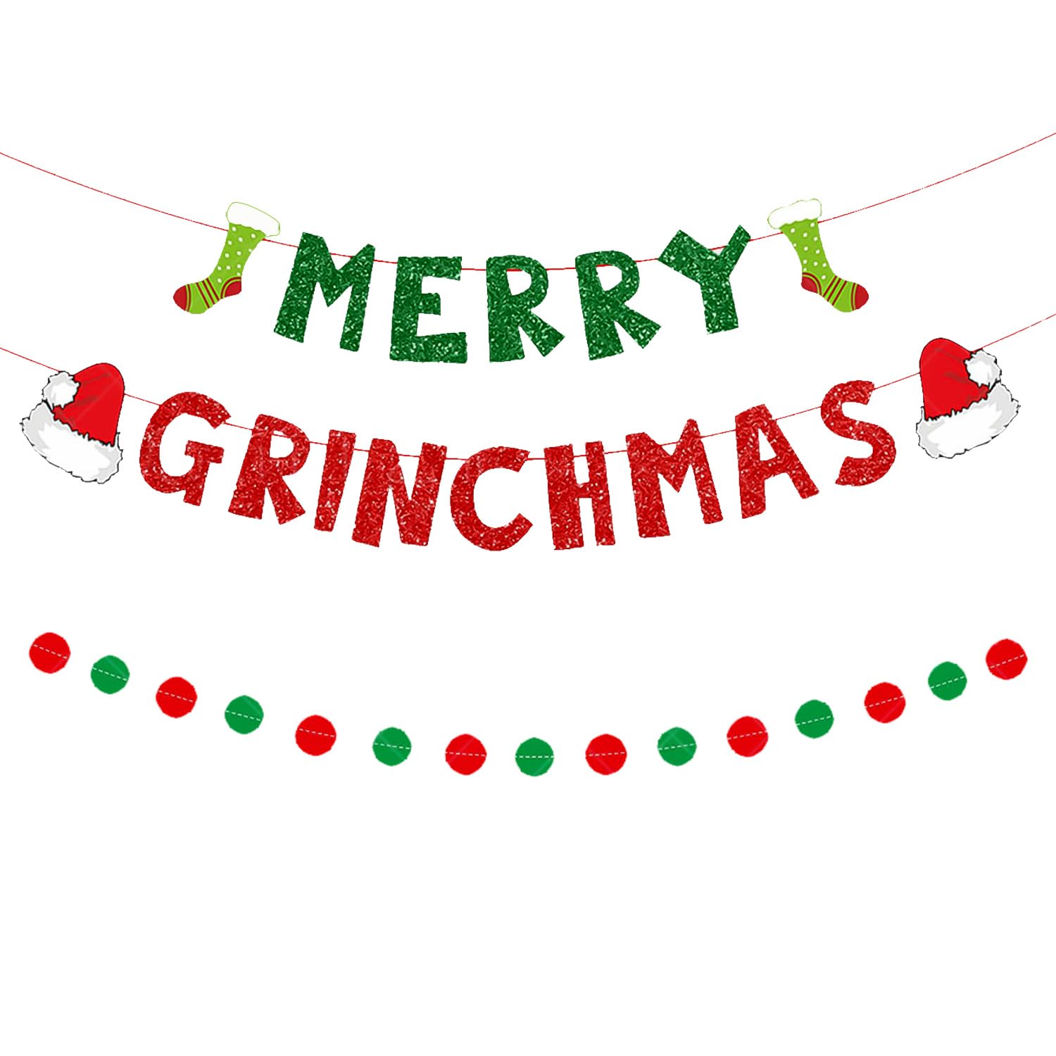 XNFUOE 2pcs Merry Grinchmas Banner Red and Green Hanging Garland for Home Wall Mantle Fireplace Garland Farmhouse Decor