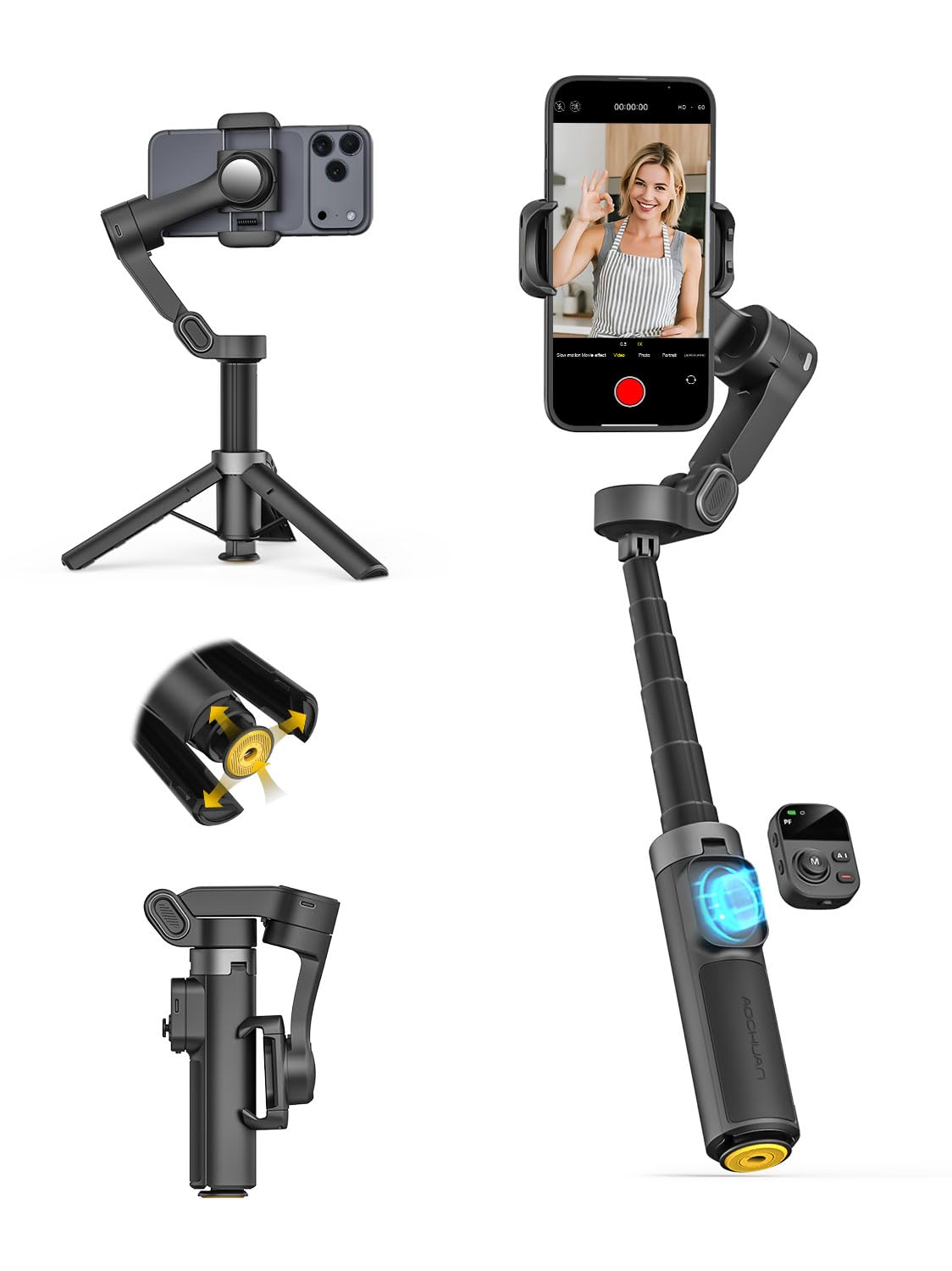 AOCHUAN 3-Achsen-Gimbal-Stabilisator für iPhone mit 360°-Gesichtserkennung, Smartphone-Gimbal mit EIN-klick-Stativöffnung, Stabilisator mit Fernbedienung und 50 cm Verlängerungsstange, Smart X3