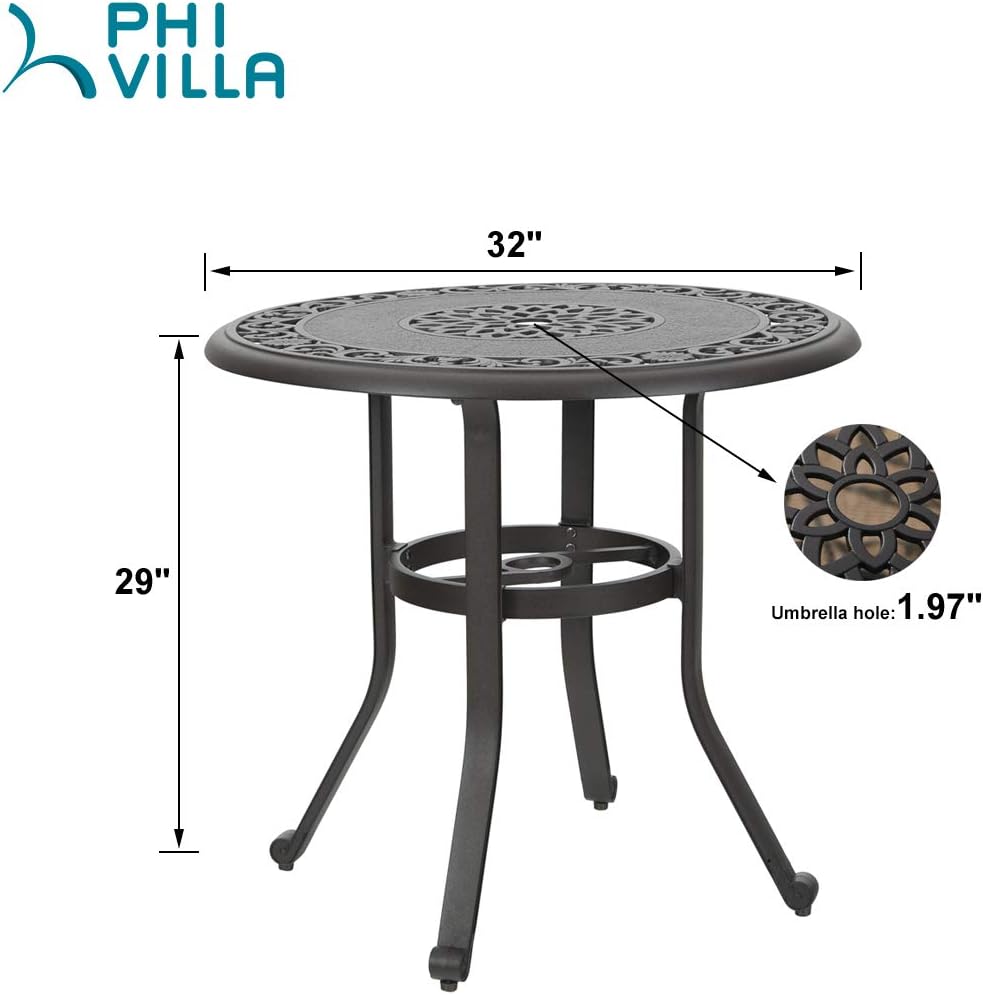 PHI VILLA 32 in Cast Aluminum Patio Outdoor Bistro Round Dining Table with Frosted Surface: Kitchen & Dining