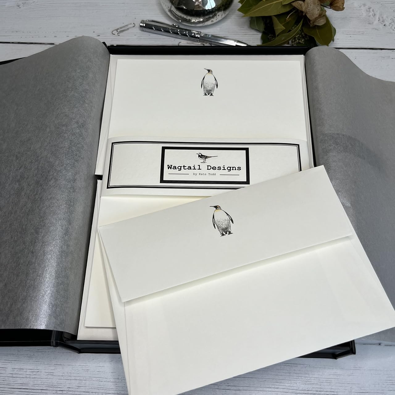 Wagtail Designs Writing Paper Gift Set with a Penguin Illustration in a Black Box with Ribbon (18 Sheets of Quality Writing Paper with Matching envelopes)