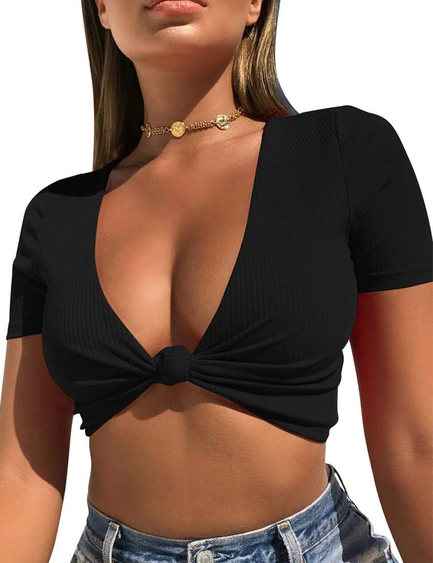 Women's Sexy Knot Front Crop Top Deep V Neck Short Sleeve Basic Casual T Shirt