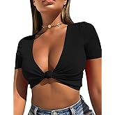 Mizoci Women's Sexy Knot Front Crop Top Deep V Neck Short Sleeve Basic Casual T Shirt
