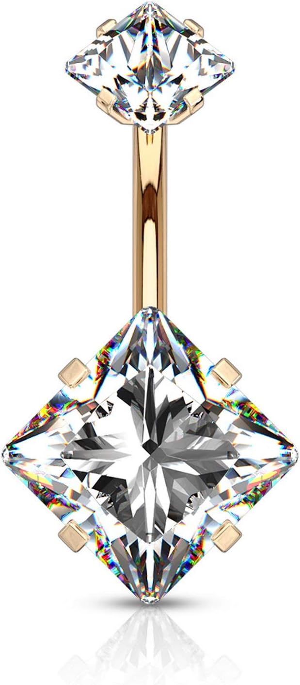 Double Jeweled Square CZ Steel Belly Button Navel Ring (Internally Threaded)