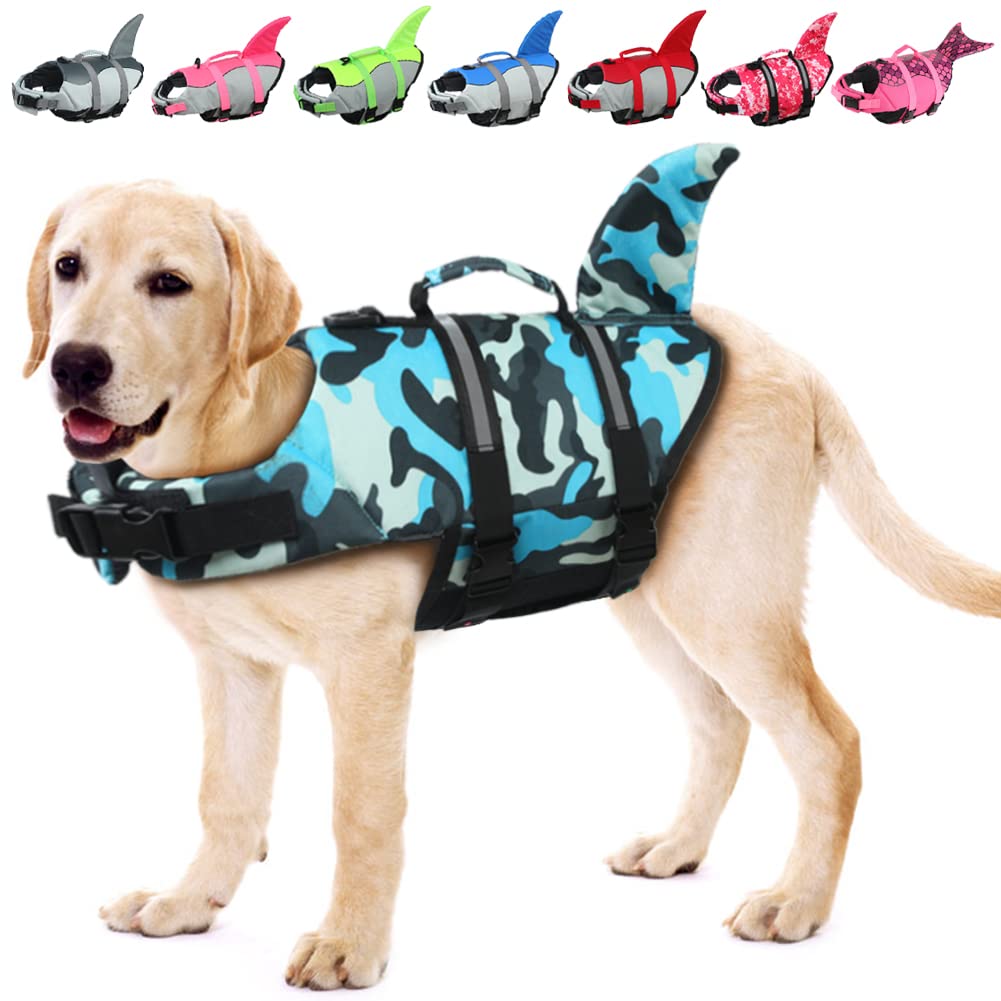 EMUST Dog Life Jacket, Dog Life Jackets for Swimming, Small / Medium / Large Dog Life Jacket with Rescue Handle, Adjustable Dog Flotation Vest for Water, in the Pool, the Beach, XL, Blue Camouflage