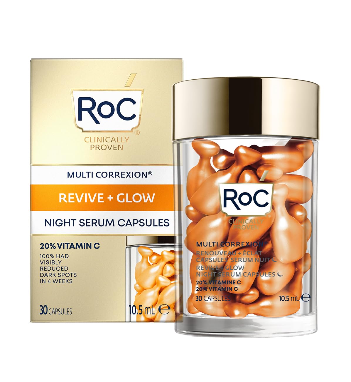 RoC - Multi Correxion Revive + Glow Night Serum Capsules - Anti-Wrinkle & Aging Treatment - Vitamin C - Dark Spot Reduction & Skin Radiance - Overnight Skin Resurfacing - 30 Capsules