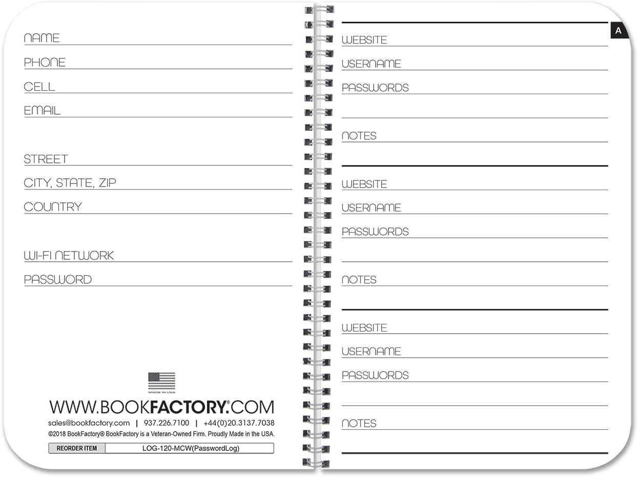 BookFactory Password Journal/Password Organizer/Password Book/Logbook/Password Keeper, 120 Pages, 3 1/2" x 5 1/4", Durable Thick Translucent Cover, Wire-O Binding (JOU-120-MCW-A-(Password)) : Record Books : Office Products