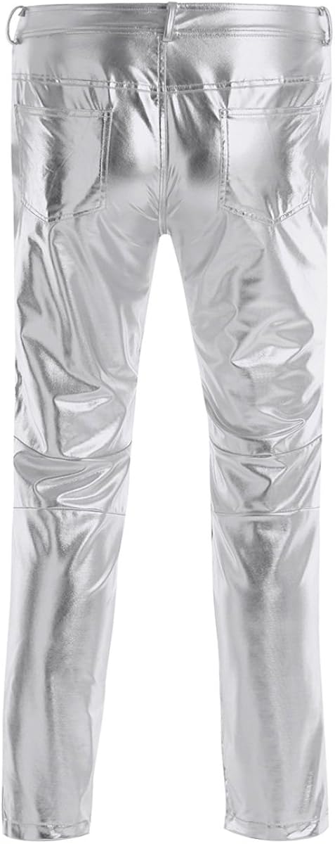 TiaoBug Men's Shiny Metallic Faux Leather Tight Pants Clubwear Legging Long Trousers: Clothing