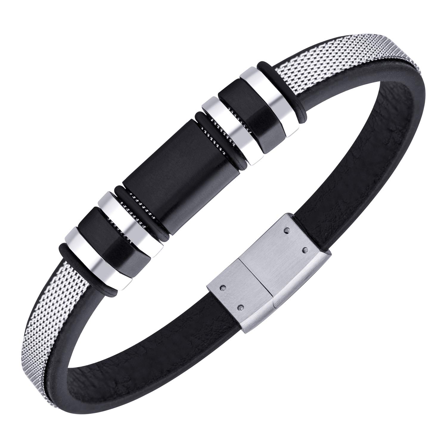 555Jewelry Braided Stainless Steel & Leather Bracelet for Men and Gents, Mens Bracelets Leather and Steel, Cool Bracelets for Men, Mens Black Bracelets, 9 Inch, Silver