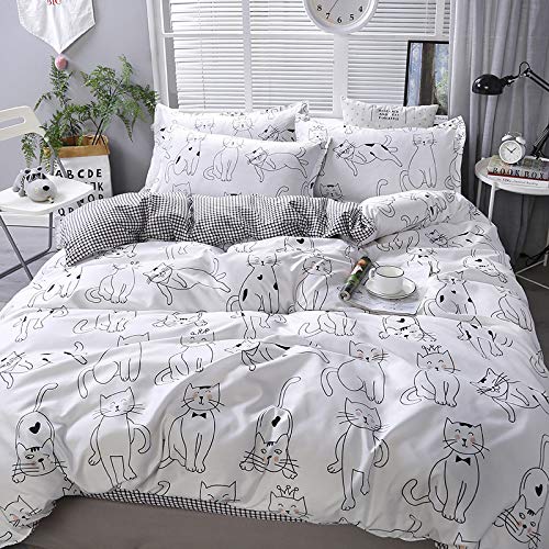 Lunoroey Cat Duvet Cover Set Double Size Black And White Cartoon Cat Printed And Checkered Double Size Reversible Duvet Cover Set All Season Bedding Set — image 1