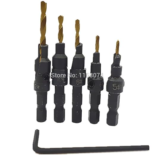 Generic 5pcs Titanium Coated Countersink Drill Bit Set Screw Quick Change Countersinks Bit Drill Deburring Metal Wood Plastic Hex Shank