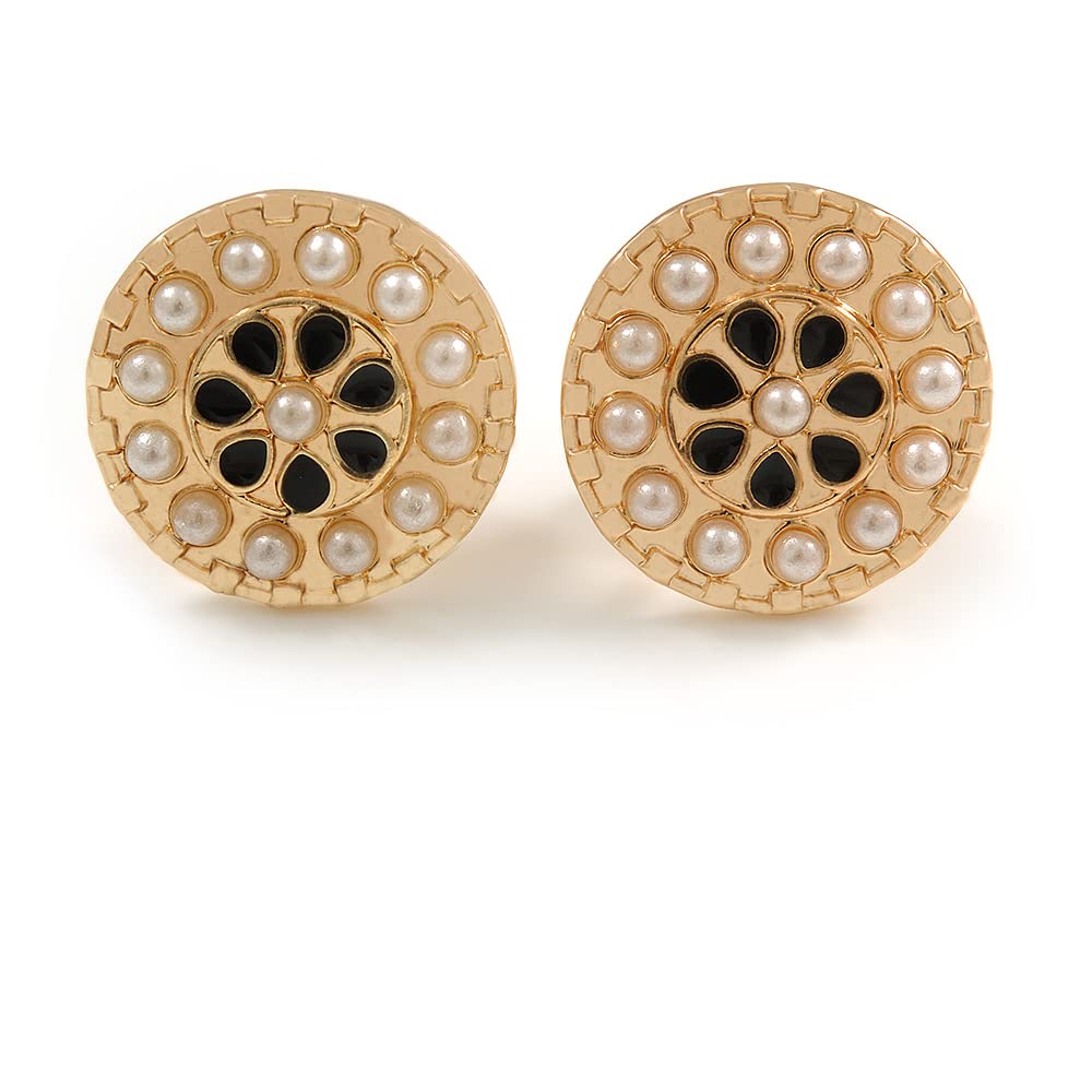 17mm Gold Tone Black Enamel, White Faux Pearl Floral Motif Clip On Earrings