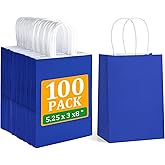 BagDream Royal Blue Gift Bags with Handles Bulk 100Pack 5.25x3x8 Inch Small Kraft Paper Bags for Wedding, Party Favors, Business, Retail, Blue Paper Gift Sacks