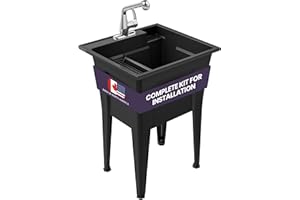 Utility Sink with One-Handle Chrome Plastic Faucet – Polypropylene Laundry Sink, Black Garage Sink, Indoor and Outdoor Use – Complete Sink Set by Noah William Home (24” X 22” X 34” 19.5 Gallons)