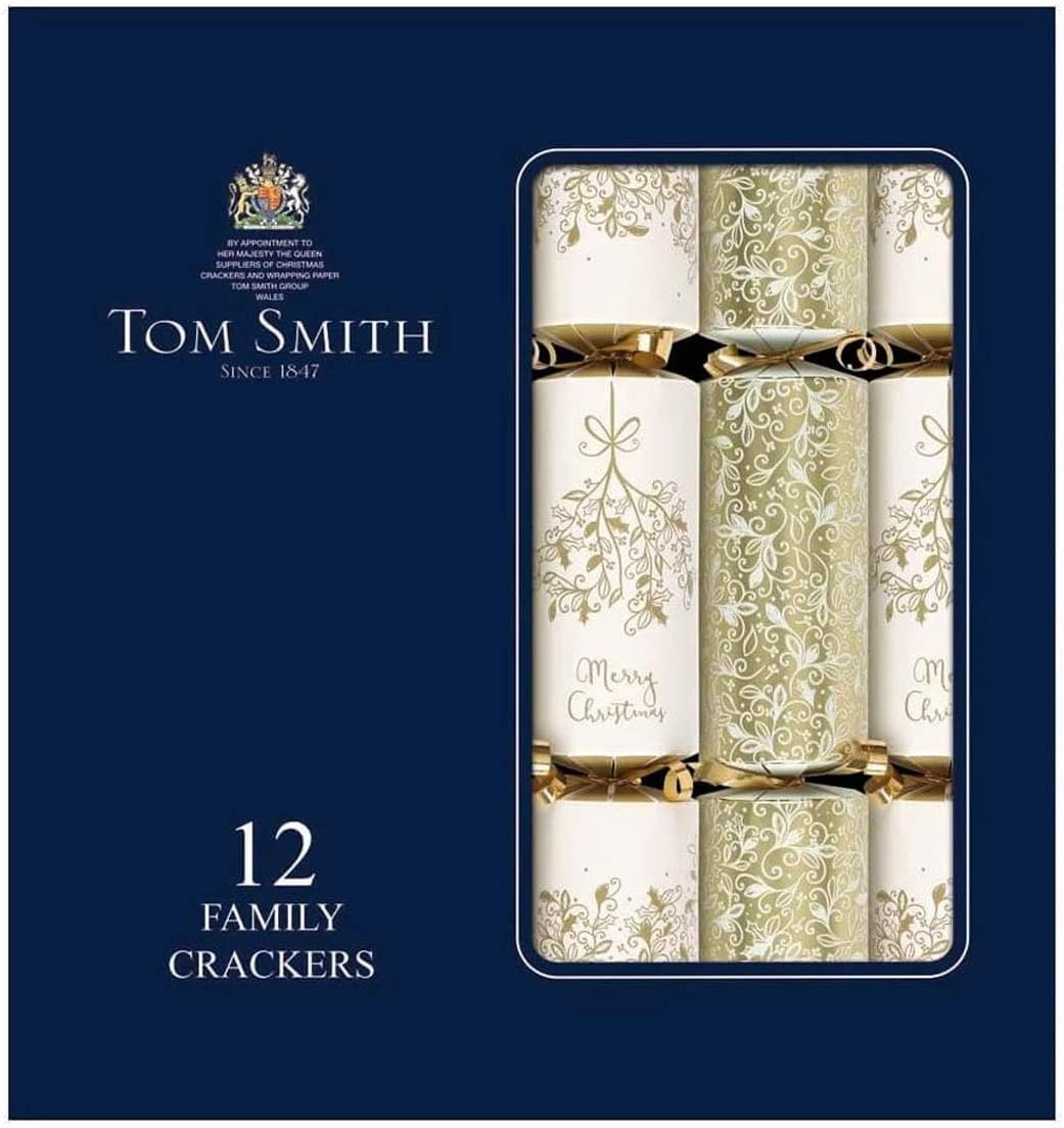Earn Wings Deal CHRISTMAS CRACKERS CREAM AND GOLD 12" BOX OF 12 LUXURIOUS FESTIVE DESIGNED TRADITIONAL FOR FAMILY DINNER PARTY FUN TABLE JOKE PARTY HAT XMAS POPPERS