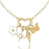 GYUCHIC Charm Necklace for Women, 14K Gold Plated Chunky Charm Necklace Paperclip Chain Toggle Clasp Butterfly, Ice Cream, North Star, Flower Pendant Summer Jewelry for Women