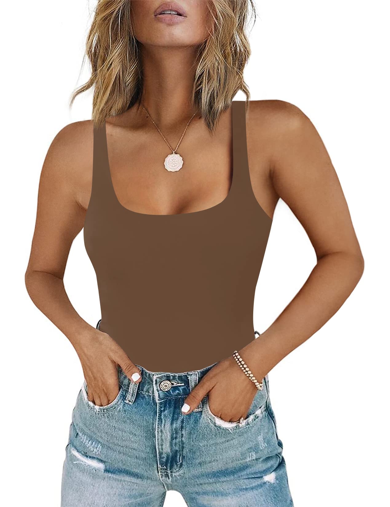 Photo 1 of Chunpin Women's Sleeveless Square Neck Tank Bodysuit Outfits Tops Thong Body Suits for Going Out Brown L