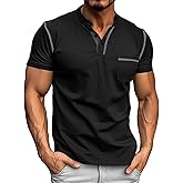 Donason Mens Henley Shirts Short Sleeve Summer Tops, Men's Casual Classic Tees Cotton T Shirt with Front Pocket for Men