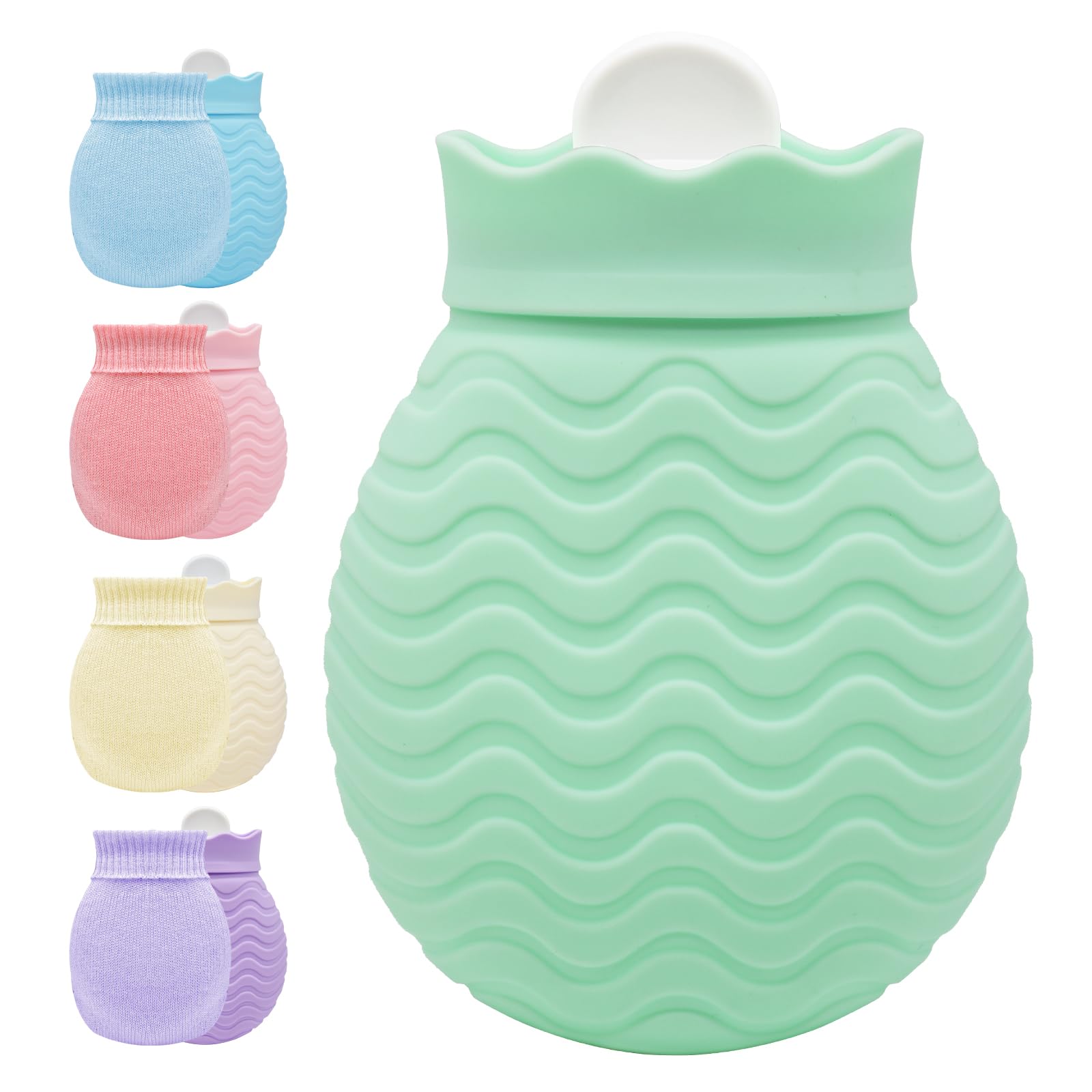 Hot Water Bottle with Knitted Cover, 320ml Small Hot Water Bag for Pain Relief, Back, Neck and Shoulders, Mini Hot Water Bottle with Removable and Washable Soft Cover, Best Gift for Women, Kids, Girls