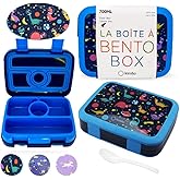 Kids Lunch Box - Bento Box for Boys Toddler Daycare, 4 Portion Sections with Lid, Snack Container Pre-School Kid Lunches Toddlers Removable Tray BPA Free, 3+ Years Old, Blue Rocket Dinosaur
